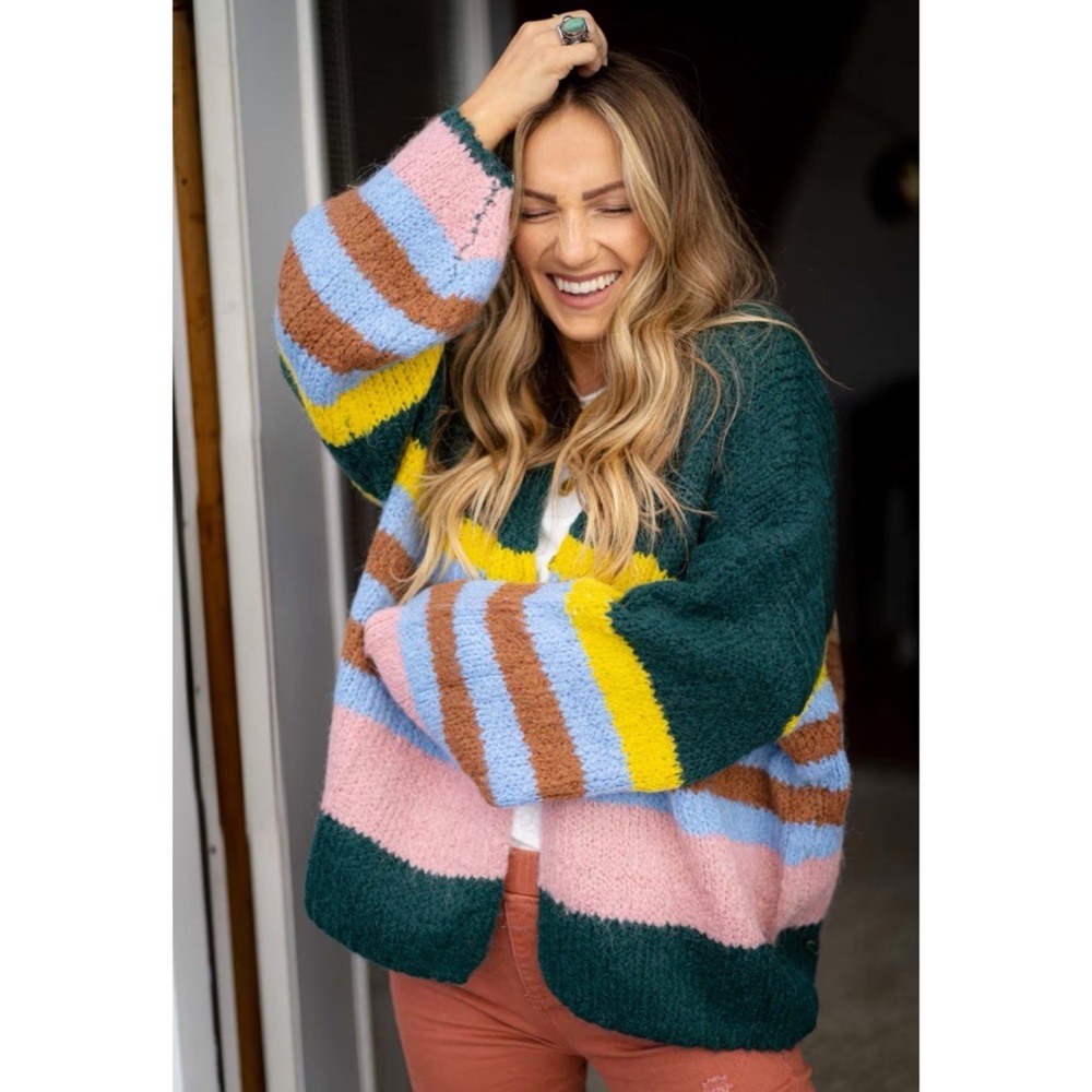 Relaxed Multicolor Striped Cardigan Sweater - Green/Pink/Blue Size M Front Snap